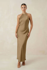 Halter Satin Sheath Midi Bridesmaid Dress in Apple Cinnamon - KISS BRIDAL Bridesmaid Dresses
