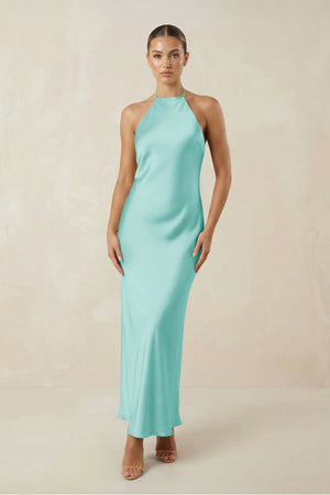 Halter Satin Sheath Midi Bridesmaid Dress in Aqua - KISS BRIDAL Bridesmaid Dresses