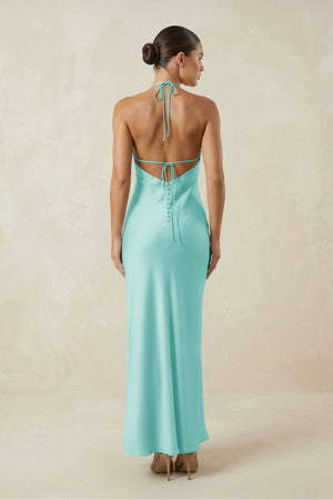 Halter Satin Sheath Midi Bridesmaid Dress in Aqua - KISS BRIDAL Bridesmaid Dresses