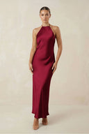 Halter Satin Sheath Midi Bridesmaid Dress in Berry - KISS BRIDAL Bridesmaid Dresses