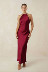 Halter Satin Sheath Midi Bridesmaid Dress in Berry - KISS BRIDAL Bridesmaid Dresses