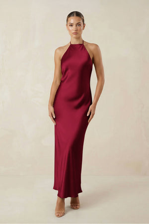 Halter Satin Sheath Midi Bridesmaid Dress in Berry - KISS BRIDAL Bridesmaid Dresses