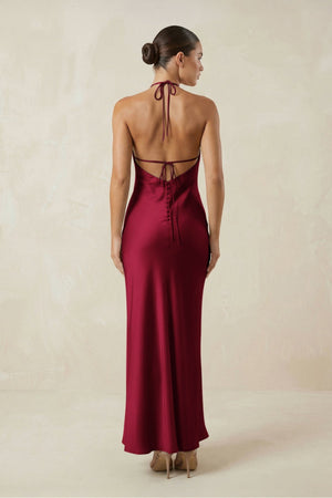 Halter Satin Sheath Midi Bridesmaid Dress in Berry - KISS BRIDAL Bridesmaid Dresses