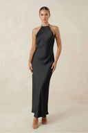 Halter Satin Sheath Midi Bridesmaid Dress in Black - KISS BRIDAL Bridesmaid Dresses