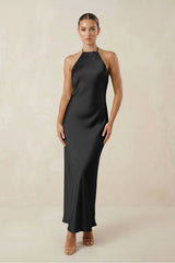 Halter Satin Sheath Midi Bridesmaid Dress in Black - KISS BRIDAL Bridesmaid Dresses