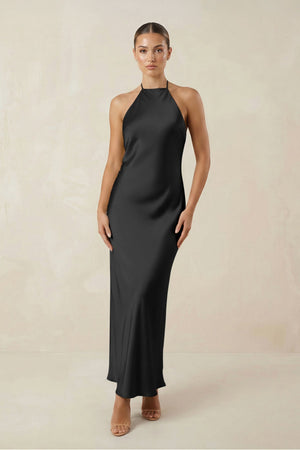 Halter Satin Sheath Midi Bridesmaid Dress in Black - KISS BRIDAL Bridesmaid Dresses