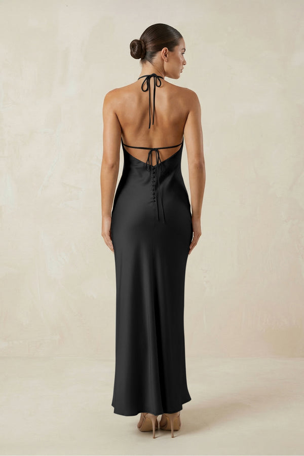 Halter Satin Sheath Midi Bridesmaid Dress in Black - KISS BRIDAL Bridesmaid Dresses