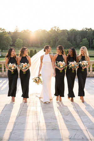 Halter Satin Sheath Midi Bridesmaid Dress in Black - KISS BRIDAL Bridesmaid Dresses