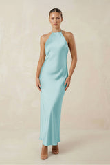 Halter Satin Sheath Midi Bridesmaid Dress in Bleached Aqua - KISS BRIDAL Bridesmaid Dresses
