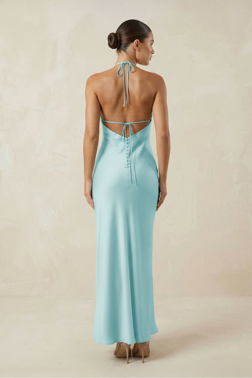 Halter Satin Sheath Midi Bridesmaid Dress in Bleached Aqua - KISS BRIDAL Bridesmaid Dresses