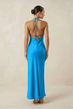 Halter Satin Sheath Midi Bridesmaid Dress in Blue Jay - KISS BRIDAL Bridesmaid Dresses