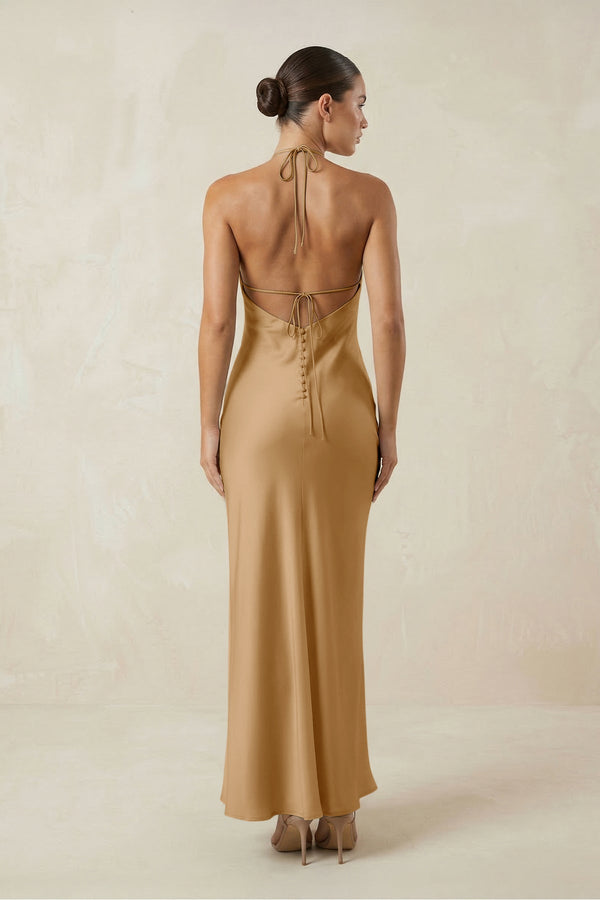 Halter Satin Sheath Midi Bridesmaid Dress in Bronzer - KISS BRIDAL Bridesmaid Dresses