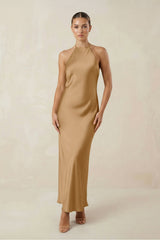 Halter Satin Sheath Midi Bridesmaid Dress in Bronzer - KISS BRIDAL Bridesmaid Dresses