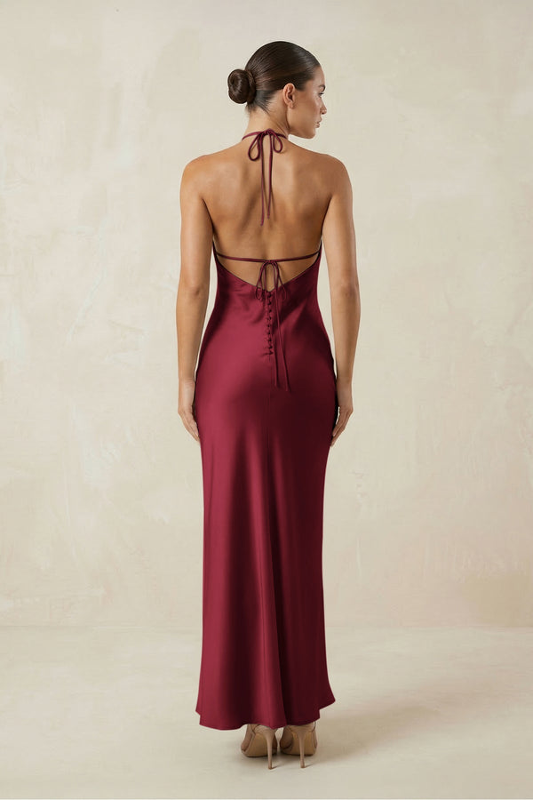 Halter Satin Sheath Midi Bridesmaid Dress in Burgundy - KISS BRIDAL Bridesmaid Dresses