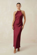 Halter Satin Sheath Midi Bridesmaid Dress in Burgundy - KISS BRIDAL Bridesmaid Dresses