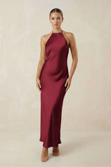 Halter Satin Sheath Midi Bridesmaid Dress in Burgundy - KISS BRIDAL Bridesmaid Dresses
