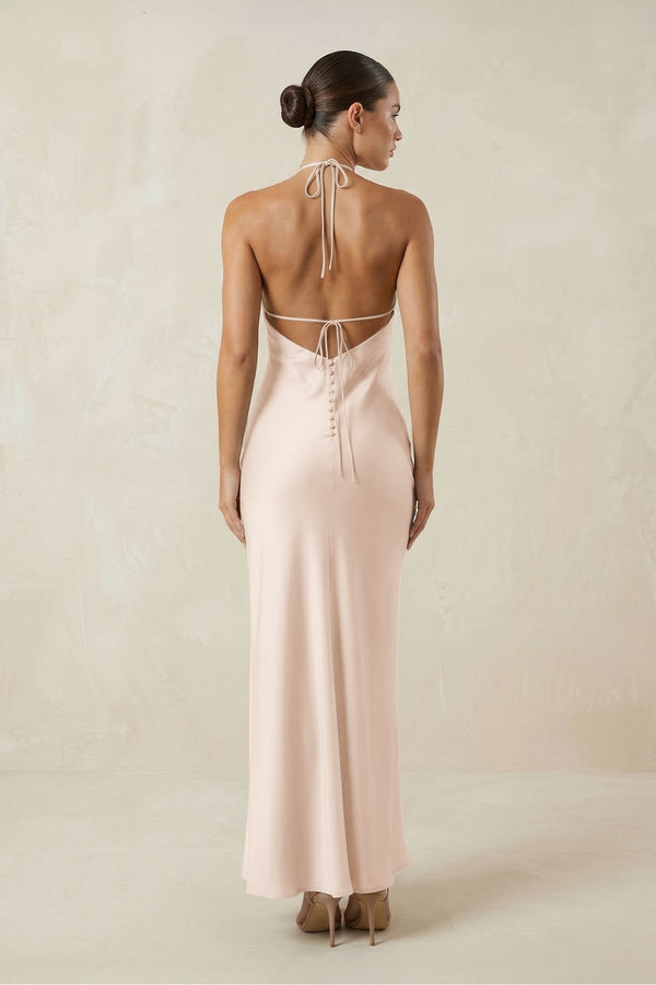 Halter Satin Sheath Midi Bridesmaid Dress in Buttercream - KISS BRIDAL Bridesmaid Dresses