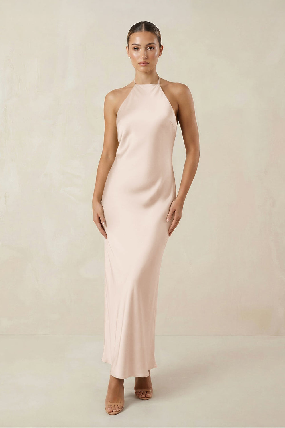 Halter Satin Sheath Midi Bridesmaid Dress in Buttercream - KISS BRIDAL Bridesmaid Dresses