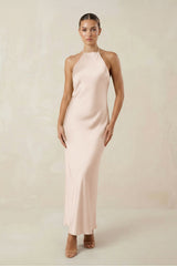 Halter Satin Sheath Midi Bridesmaid Dress in Buttercream - KISS BRIDAL Bridesmaid Dresses