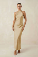 Halter Satin Sheath Midi Bridesmaid Dress in Champagne - KISS BRIDAL Bridesmaid Dresses