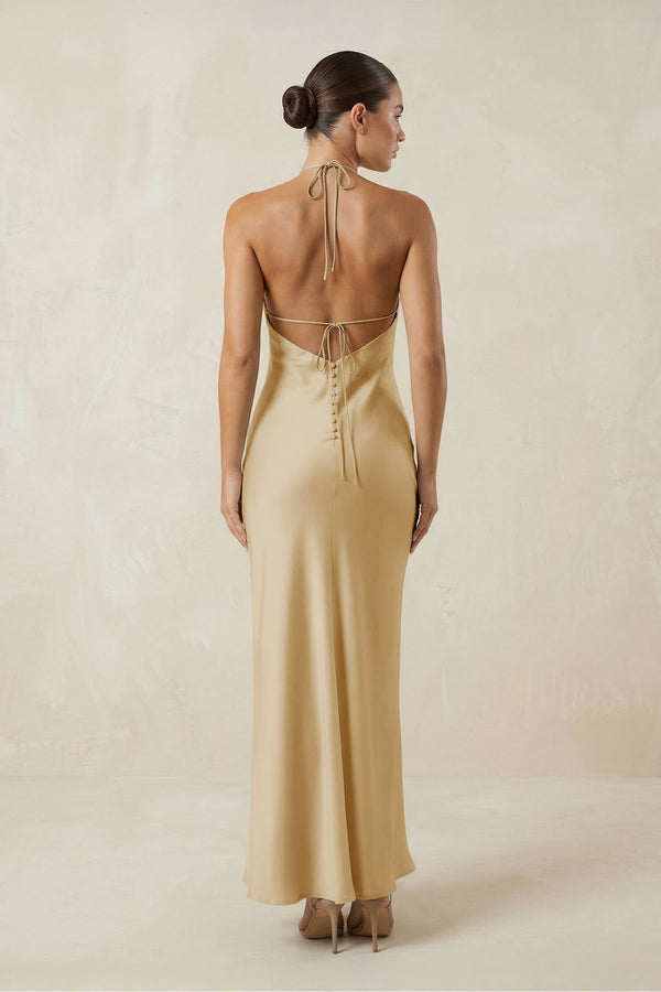Halter Satin Sheath Midi Bridesmaid Dress in Champagne - KISS BRIDAL Bridesmaid Dresses