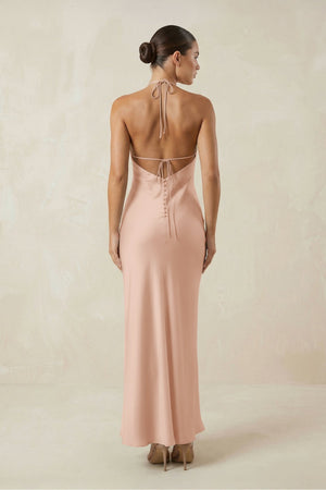 Halter Satin Sheath Midi Bridesmaid Dress in Champagne Rose - KISS BRIDAL Bridesmaid Dresses