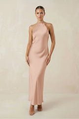 Halter Satin Sheath Midi Bridesmaid Dress in Champagne Rose - KISS BRIDAL Bridesmaid Dresses