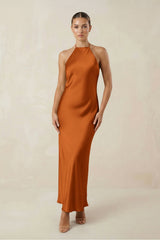 Halter Satin Sheath Midi Bridesmaid Dress in Cinnamon - KISS BRIDAL Bridesmaid Dresses