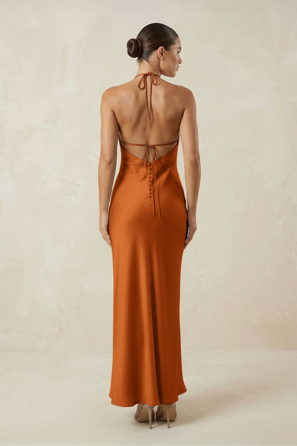 Halter Satin Sheath Midi Bridesmaid Dress in Cinnamon - KISS BRIDAL Bridesmaid Dresses