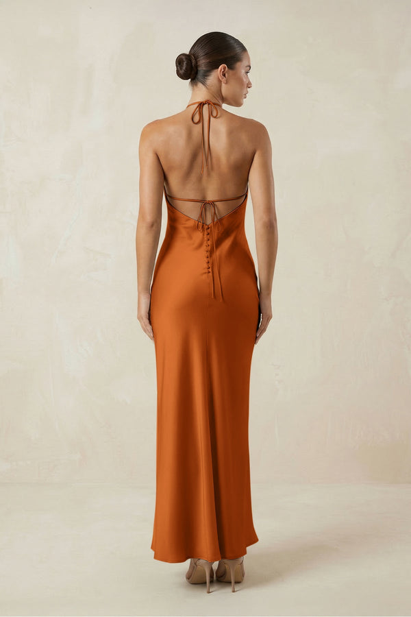 Halter Satin Sheath Midi Bridesmaid Dress in Cinnamon - KISS BRIDAL Bridesmaid Dresses