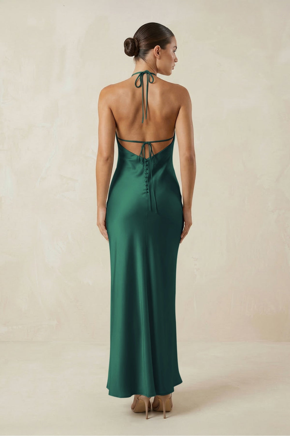 Halter Satin Sheath Midi Bridesmaid Dress in Dark Green - KISS BRIDAL Bridesmaid Dresses