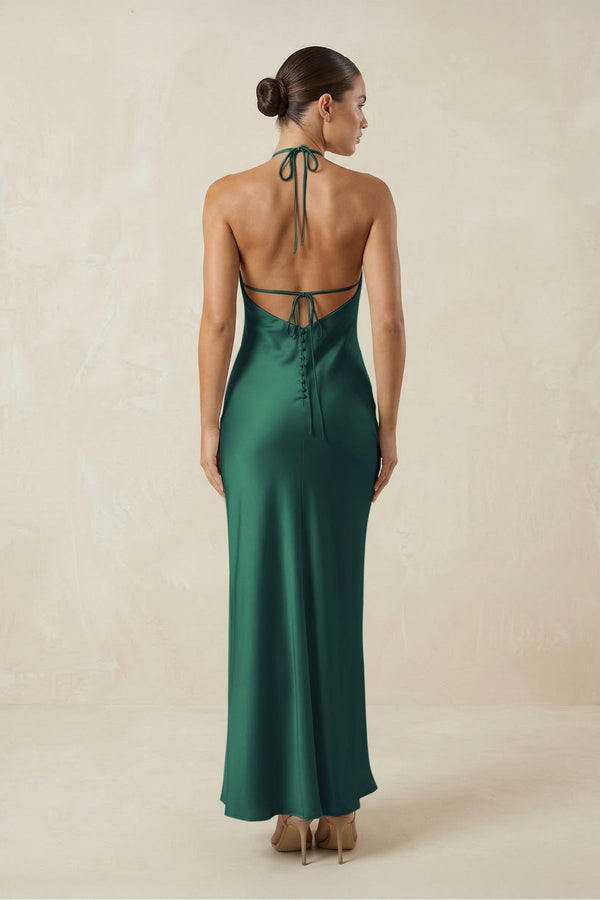 Halter Satin Sheath Midi Bridesmaid Dress in Dark Green - KISS BRIDAL Bridesmaid Dresses