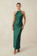 Halter Satin Sheath Midi Bridesmaid Dress in Dark Green - KISS BRIDAL Bridesmaid Dresses