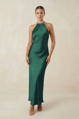 Halter Satin Sheath Midi Bridesmaid Dress in Dark Green - KISS BRIDAL Bridesmaid Dresses