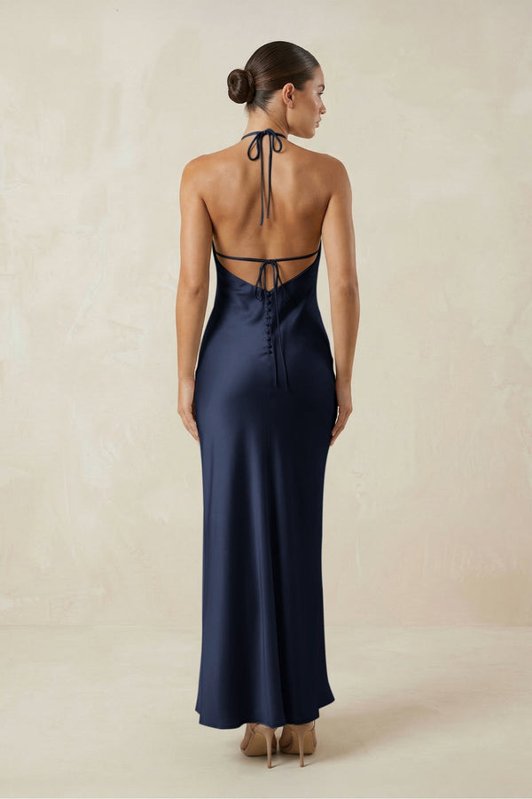 Halter Satin Sheath Midi Bridesmaid Dress in Dark Navy - KISS BRIDAL Bridesmaid Dresses
