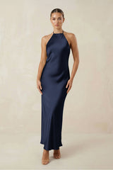 Halter Satin Sheath Midi Bridesmaid Dress in Dark Navy - KISS BRIDAL Bridesmaid Dresses