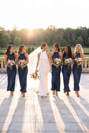 Halter Satin Sheath Midi Bridesmaid Dress in Dark Navy - KISS BRIDAL Bridesmaid Dresses