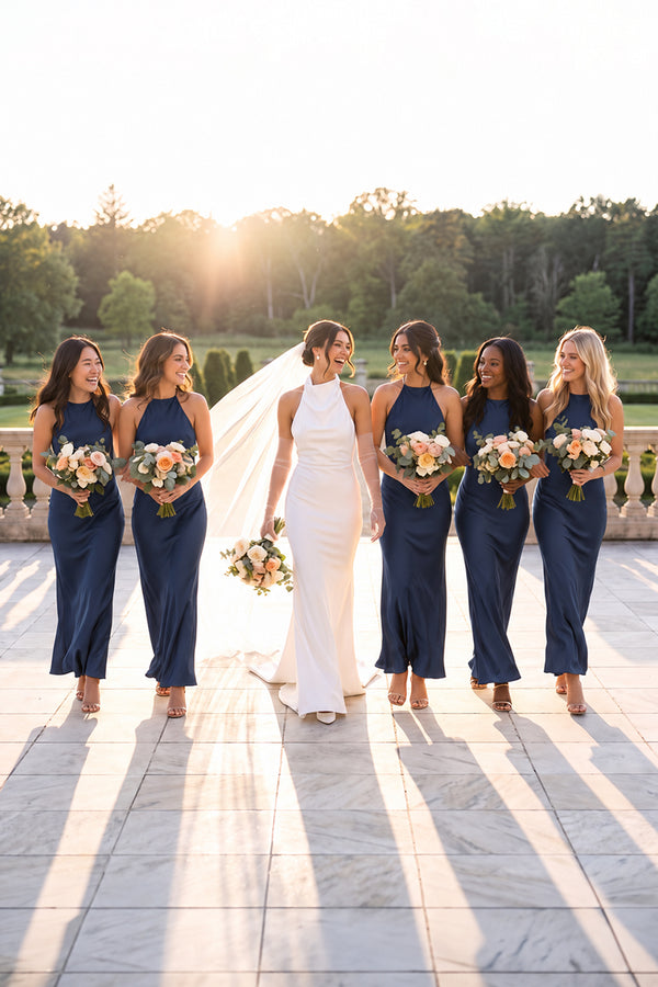 Halter Satin Sheath Midi Bridesmaid Dress in Dark Navy - KISS BRIDAL Bridesmaid Dresses
