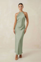 Halter Satin Sheath Midi Bridesmaid Dress in Dove Gray - KISS BRIDAL Bridesmaid Dresses