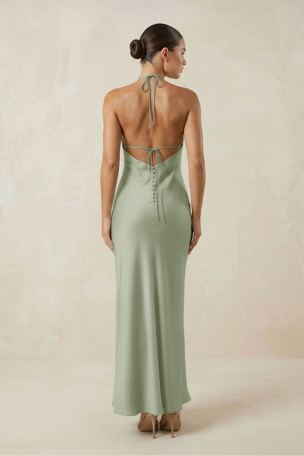 Halter Satin Sheath Midi Bridesmaid Dress in Dove Gray - KISS BRIDAL Bridesmaid Dresses