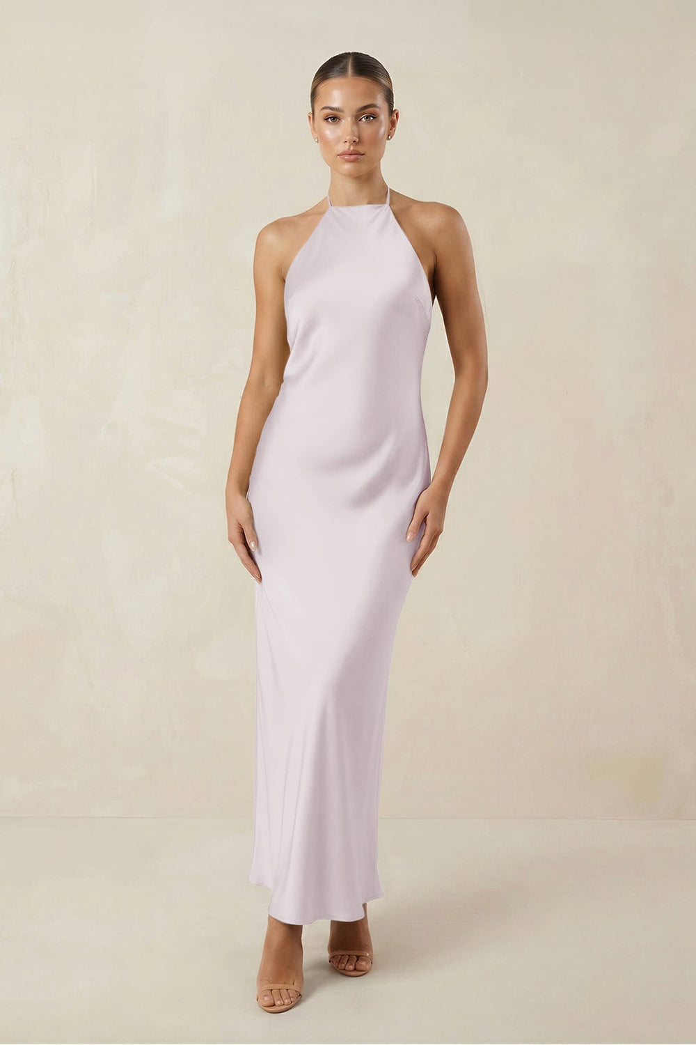 Halter Satin Sheath Midi Bridesmaid Dress in Dusk - KISS BRIDAL Bridesmaid Dresses