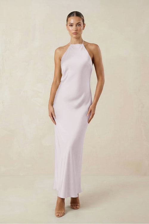 Halter Satin Sheath Midi Bridesmaid Dress in Dusk - KISS BRIDAL Bridesmaid Dresses