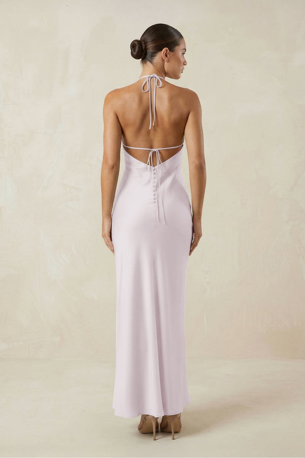Halter Satin Sheath Midi Bridesmaid Dress in Dusk - KISS BRIDAL Bridesmaid Dresses