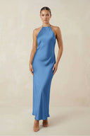 Halter Satin Sheath Midi Bridesmaid Dress in Dusty Blue - KISS BRIDAL Bridesmaid Dresses