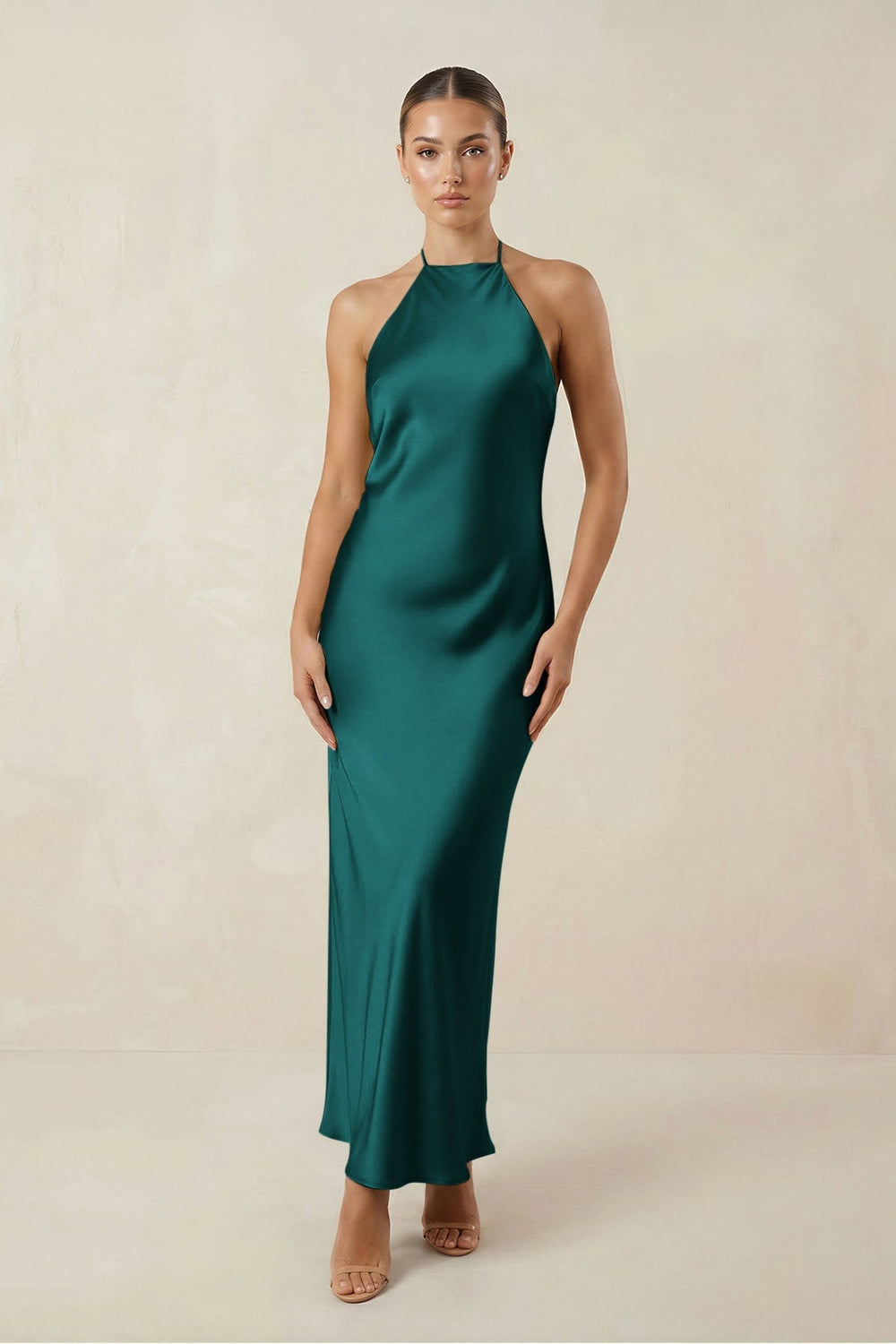 Halter Satin Sheath Midi Bridesmaid Dress in Emerald - KISS BRIDAL Bridesmaid Dresses