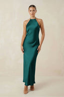 Halter Satin Sheath Midi Bridesmaid Dress in Emerald - KISS BRIDAL Bridesmaid Dresses