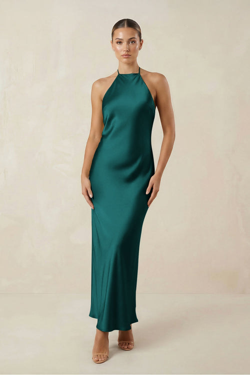 Halter Satin Sheath Midi Bridesmaid Dress in Emerald - KISS BRIDAL Bridesmaid Dresses