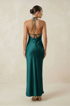 Halter Satin Sheath Midi Bridesmaid Dress in Emerald - KISS BRIDAL Bridesmaid Dresses