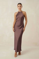 Halter Satin Sheath Midi Bridesmaid Dress in Espresso - KISS BRIDAL Bridesmaid Dresses