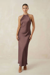 Halter Satin Sheath Midi Bridesmaid Dress in Espresso - KISS BRIDAL Bridesmaid Dresses